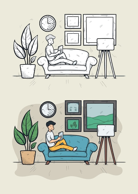 Парень держит планшет в гостиной рисованной гравированные иллюстрации