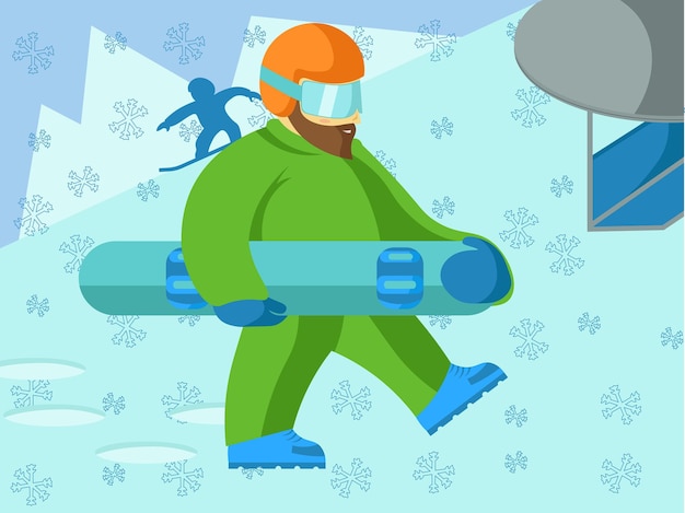 ベクトル スノーボードの男が雪の中の山の斜面を下る