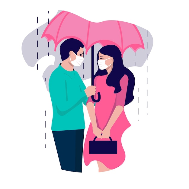 Вектор Парень с девушкой в медицинских масках стоит под зонтом идет дождь