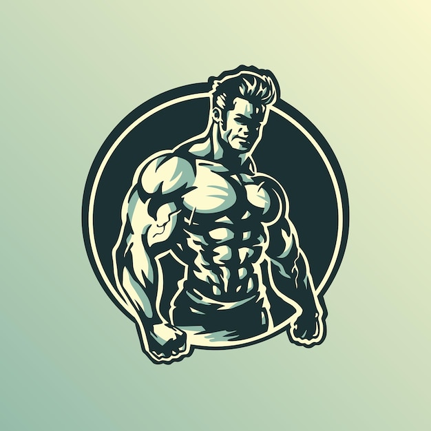 Логотип тренажерного зала и фитнеса с мужчиной с большим бицепсом на груди
