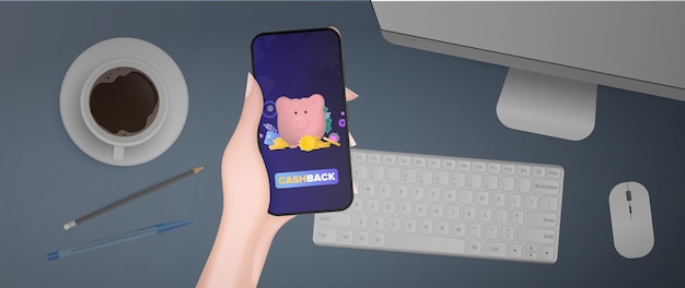 Рука держит телефон с приложением кэшбэк. розовая копилка