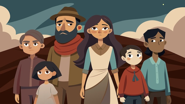 벡터 손으로 그린 애니메이션은 한 가족의 자유를 위한 투쟁에 대한 강력하고 감동적인 이야기를 보여줍니다.