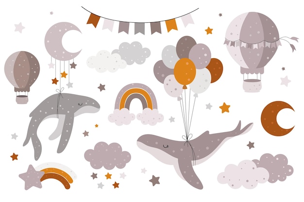 クジラの風船、雲、虹、星、風船を使った手描きのコレクション