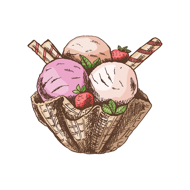 Ручной цветной эскиз шариков мороженого в вафельной корзине. винтажная иллюстрация. элемент для оформления этикеток, упаковки и открыток.
