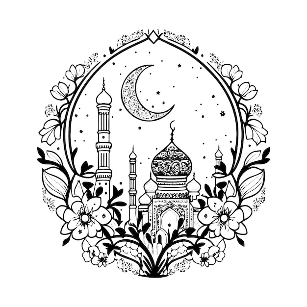 Вектор Нарисованный от руки рисунок с цветочным орнаментом, мечетью и полумесяцем идеально подходит для рамадана карима.