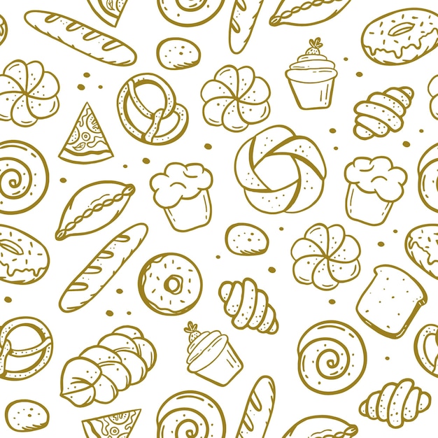 Ручной рисунок хлебобулочных элементов брецель круассан хлеб пончик багет векторный рисунок каракули