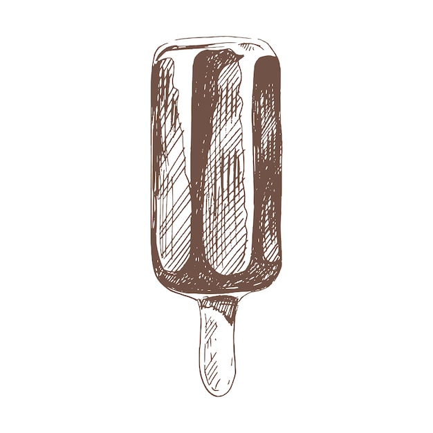 Ручной эскиз эскимо мороженого на палочке в шоколаде винтажная иллюстрация элемент для дизайна этикеток, упаковки и открытокxa