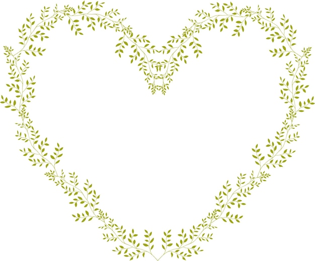 흰색 배경에 강조 표시된 하트 모양의 꽃 프레임. 나뭇가지의 섬세한 화환, 가지의 윤곽.