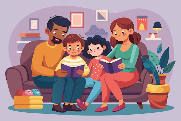 Вектор Сердечно трогательное изображение семьи, обнимающейся на диване, читающей книгу и разделяющей тихий момент общности.