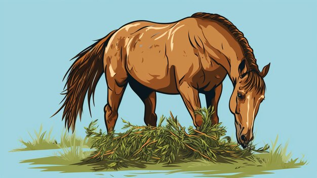 Вектор Лошадь ест траву в поле с голубым фоном