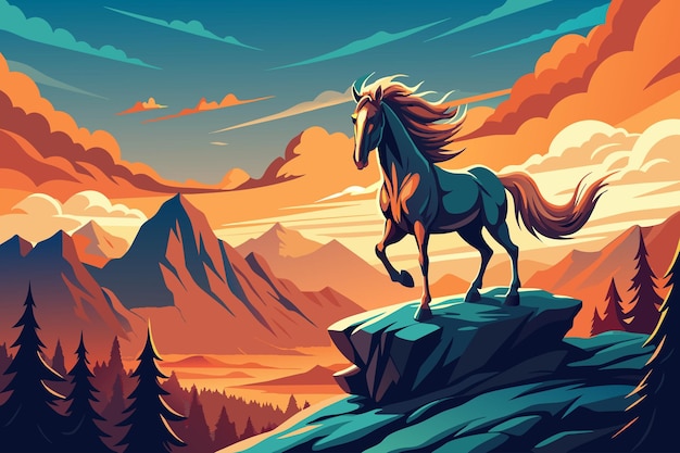 Вектор a horse is standing on a rocky mountain top