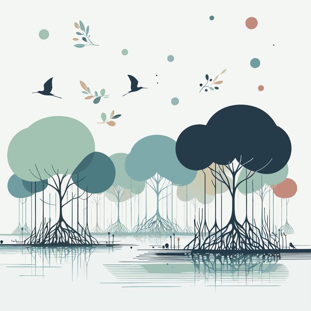 ベクトル 水の背景にある木や鳥のイラスト