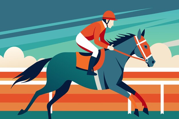 ベクトル オレンジ色の衣装を着たジョッキーはコースで栗色の馬を競います