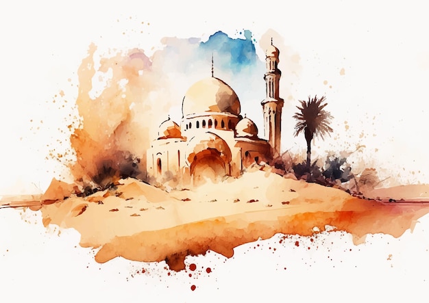 벡터 이슬람 예술의 수채화 모스크와 함께 아름다움으로의 여행