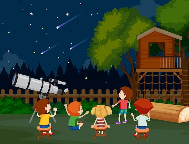 望遠鏡で地球を見ている子供たち