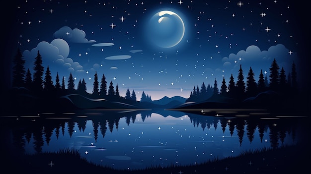 Вектор Озеро с озером и луной и деревьями