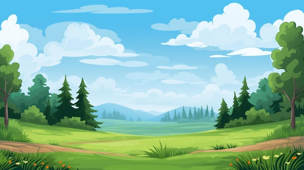 Вектор Пейзаж с зелеными деревьями и синим небом с облаками