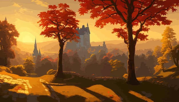 가을 나무 벡터 그림으로 둘러싸인 언덕 꼭대기에 탑이 있는 큰 성