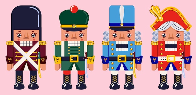 Вектор Большая коллекция солдат nutcracker традиционные новогодние игрушки в геометрическом стиле