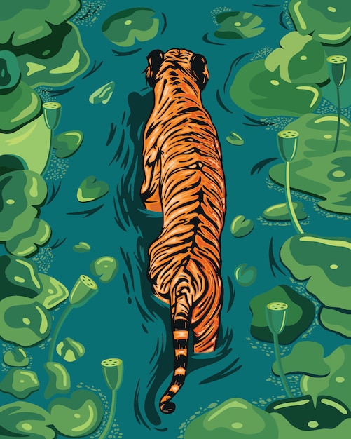 Вектор Большой оранжевый самец тигра гуляет по озеру с листьями водяного гиацинта
