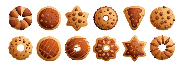 Большой набор традиционных шоколадных печенья в разных формах shortbread печенья с шоколадными чипсами детальный вектор в стиле мультфильма