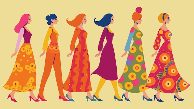 Вектор Линия женщин в ярких макси-платьях с пейсли-принтами, напоминающих модную эпоху вудстока, прогулялась.