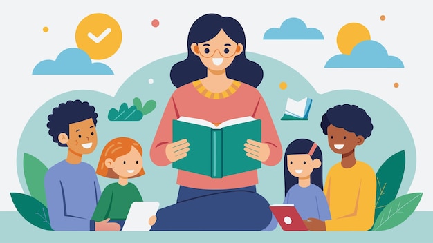 ベクトル 読み書きの教員が 遠隔地の生徒のために 仮想の本クラブを率いて 読書の感覚を生み出しています