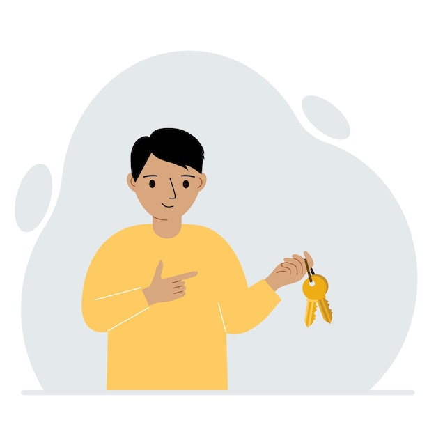 Маленький мальчик держит связку золотых ключей, чтобы открыть запертую дверь знание или ключ к успеху