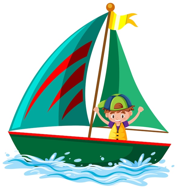 Вектор Маленький мальчик на изолированной парусной лодке