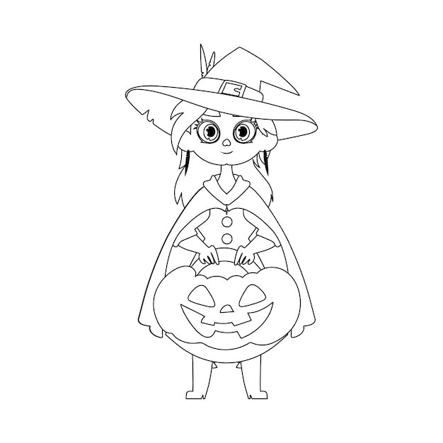 Маленькая девочка в костюме ведьмы с радостью носит тыкву и с нетерпением ожидает хэллоуин в линейном стиле