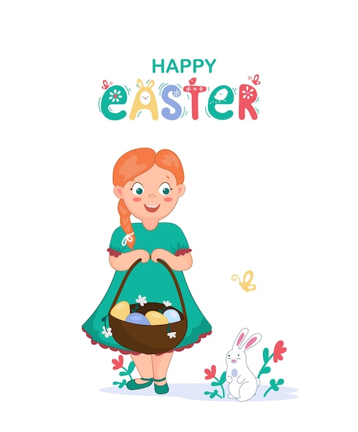 벡터 부활절 달걀 바구니와 토끼를 든 어린 소녀 귀여운 만화 스타일의 캐릭터 부활절 카드