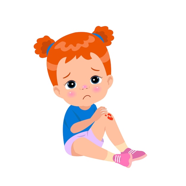 벡터 빨간 머리를 한 어린 소녀가 바닥에 앉아 무릎에 작은 심장을 얹고 있습니다.