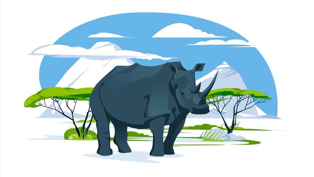 벡터 사바나 풍경에 고독한 코뿔소 아프리카 벡터 평면 그림의 야생 동물
