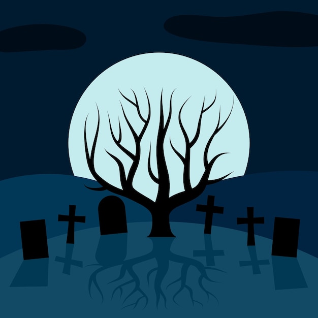 Одинокое дерево на кладбище ночью перед луной. векторный фон для хэллоуина