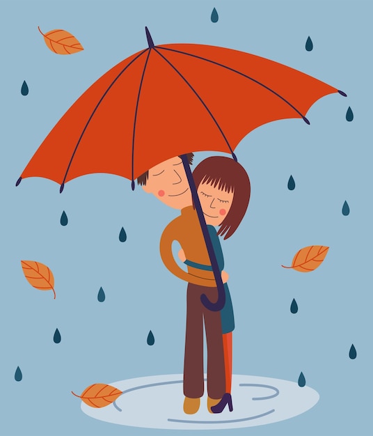 Влюбленная пара под зонтиком в дождливый день