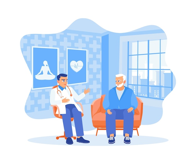 Вектор Врач-мужчина разговаривает с пациентом-мужчиной дома, дает рекомендации по здоровью пациентам.