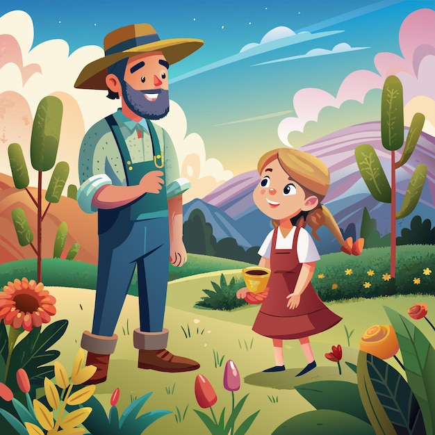 ベクトル 男と女の子が花と女の子の畑に立っています