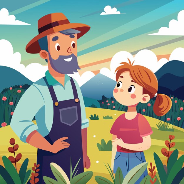 Вектор Мужчина и маленькая девочка стоят в поле с цветами и небесным фоном