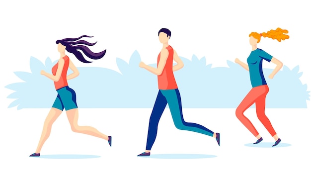 Вектор Мужчина и женщина в спортивной одежде бегут марафон плоские герои изолированы на белом фоне