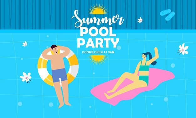 남자와 여자가 수영장에 있고 여름 수영장 파티라는 단어가 있습니다.