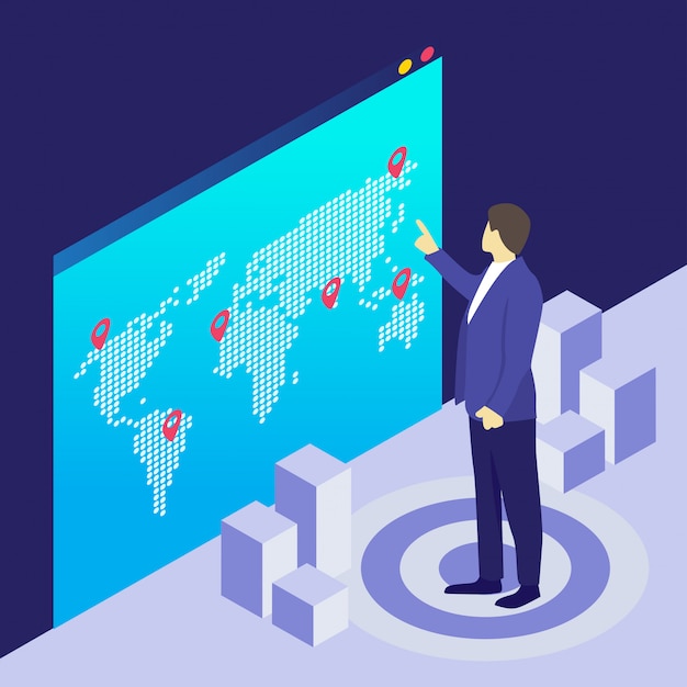 ベクトル 男が世界地図で場所を確認する