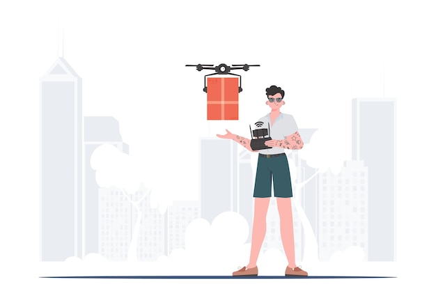Мужчина управляет дроном с посылкой концепция доставки в модном стиле векторная иллюстрация