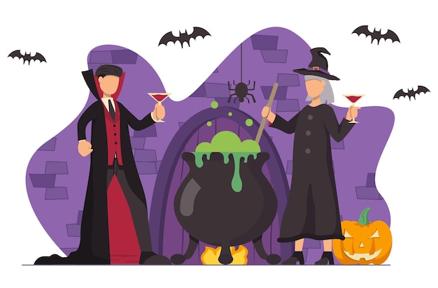 Мужчина в костюме вампира и женщина в костюме ведьмы варит зелье в котле.