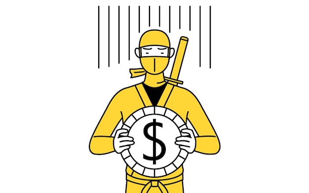 Человек, одетый как ниндзя, представляет собой образ потери курсовой разницы или обесценивания доллара.