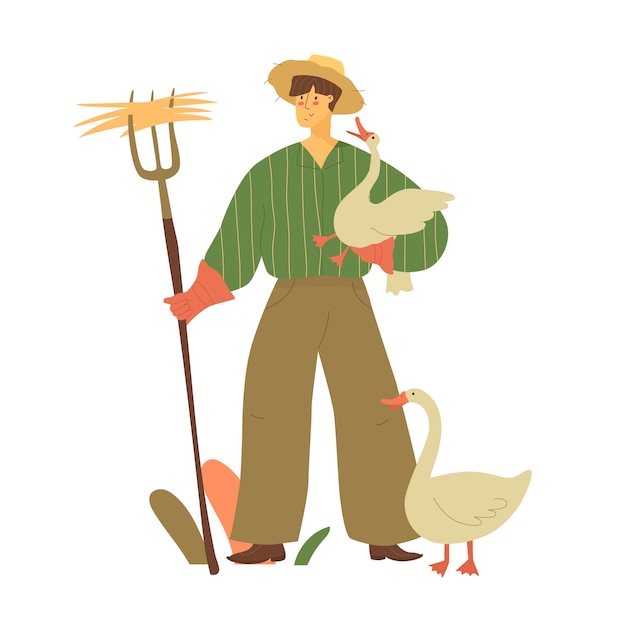 벡터 갈퀴를 든 모자를 쓴 남자 농부가 거위를 방목하고 있습니다.