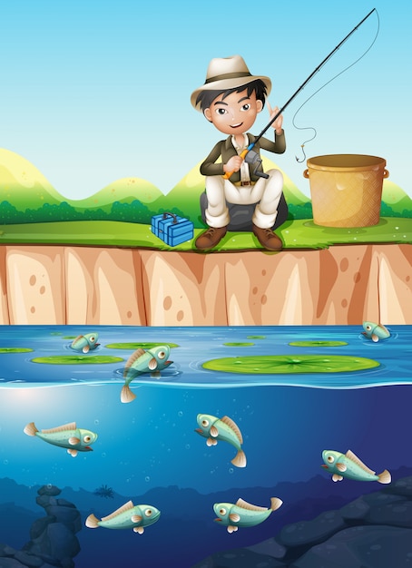 Вектор Человек, ловивший рыбу у пруда