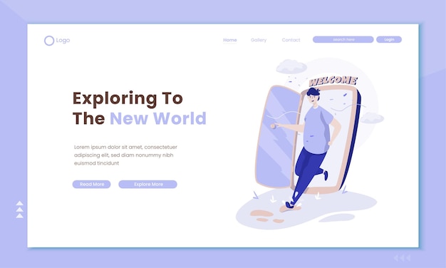ベクトル ランディングページテンプレートで新しい世界を探索するモバイル画面の男