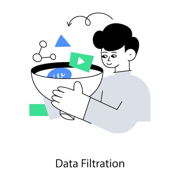 Вектор Мужчина держит миску с надписью «фильтрация данных».