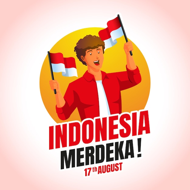 Мужчина с флагом индонезии празднует день независимости индонезии