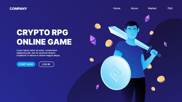 검과 방패를 든 남자 P2e Crypto Games Landing Page Concept Crypto Rpg 온라인 게임